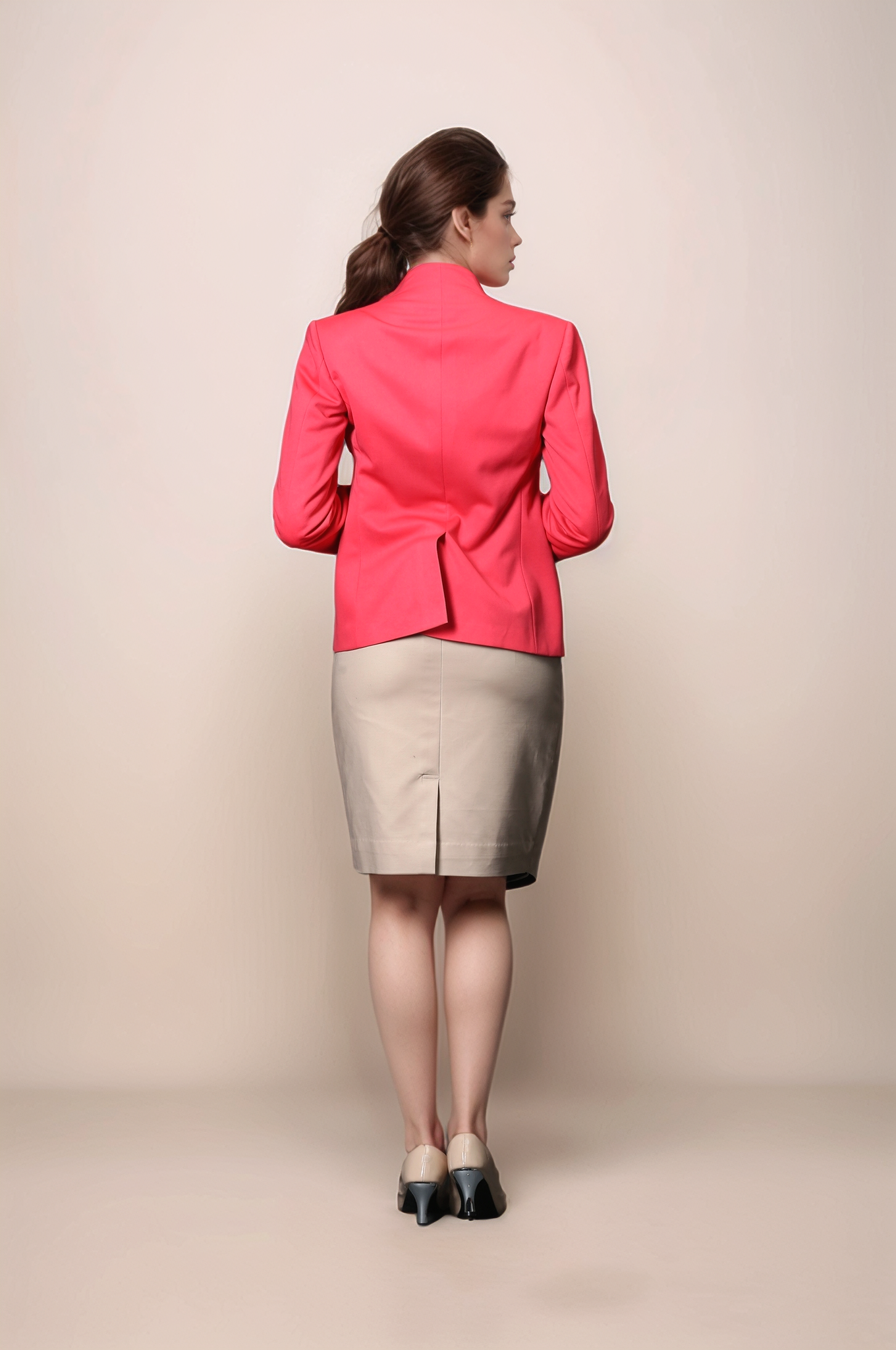 Red High Neck Coat & Beige Overlapped Skirt Suit