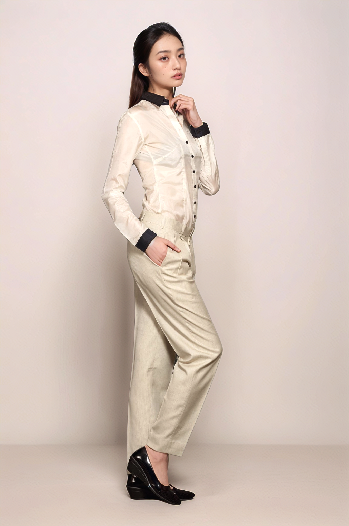 White Crepe Shirt & Ivory Baggy Trouser Combo