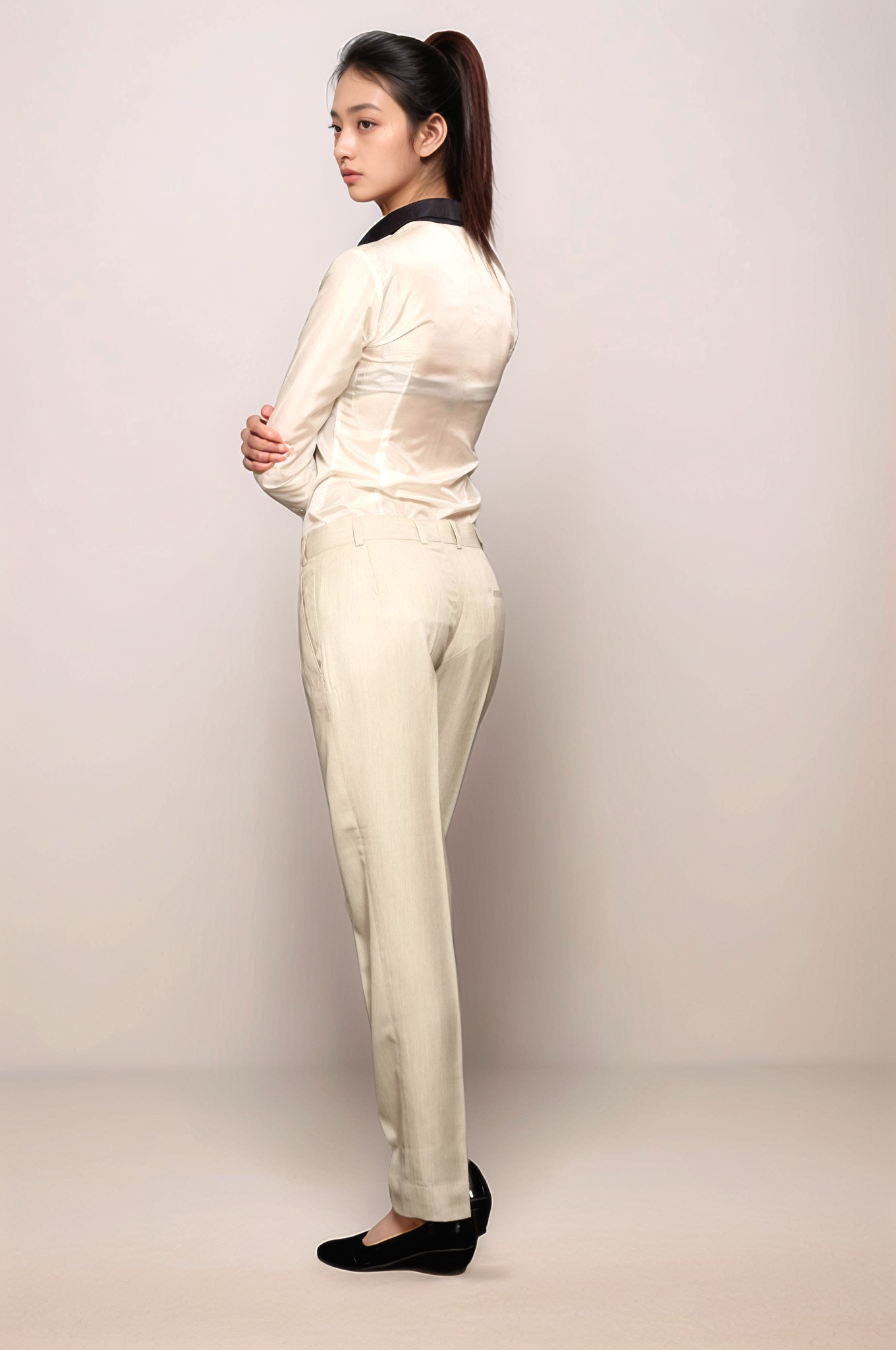 White Crepe Shirt & Ivory Baggy Trouser Combo