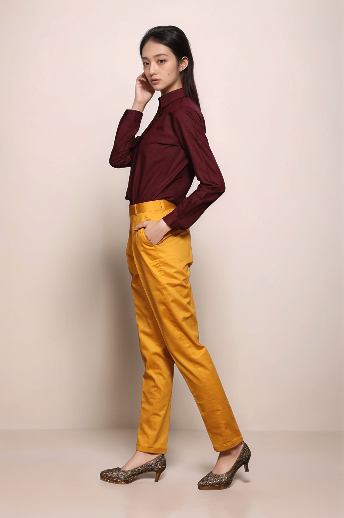 Wine Bow Neck Line Shirt