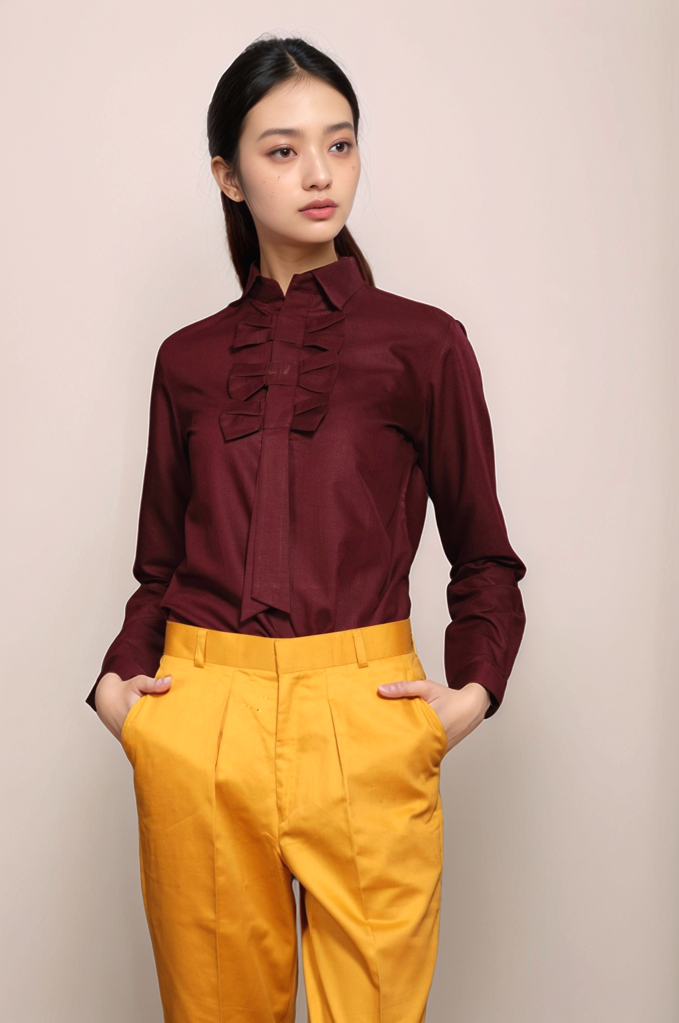 Wine Bow Neck Line Shirt