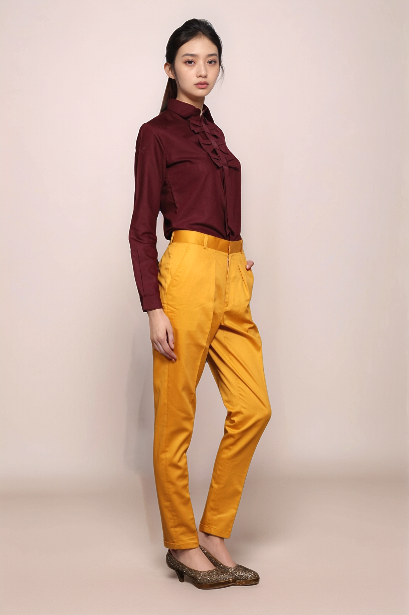 Wine Bow Neck Line Shirt