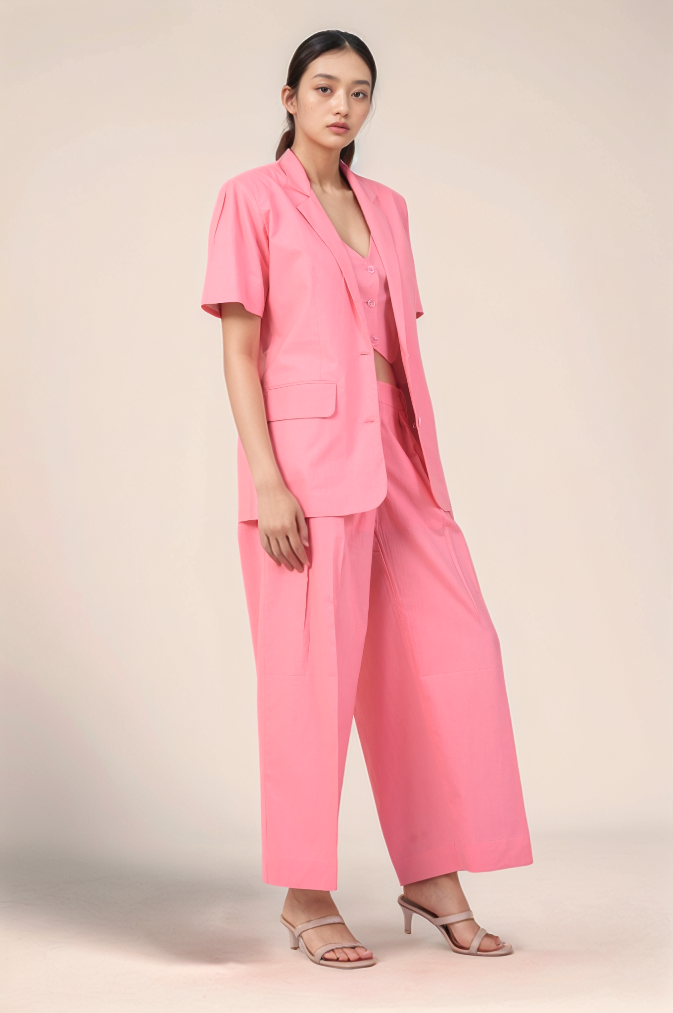 Pink Cotton Blazer Three Piece Co-ord suit