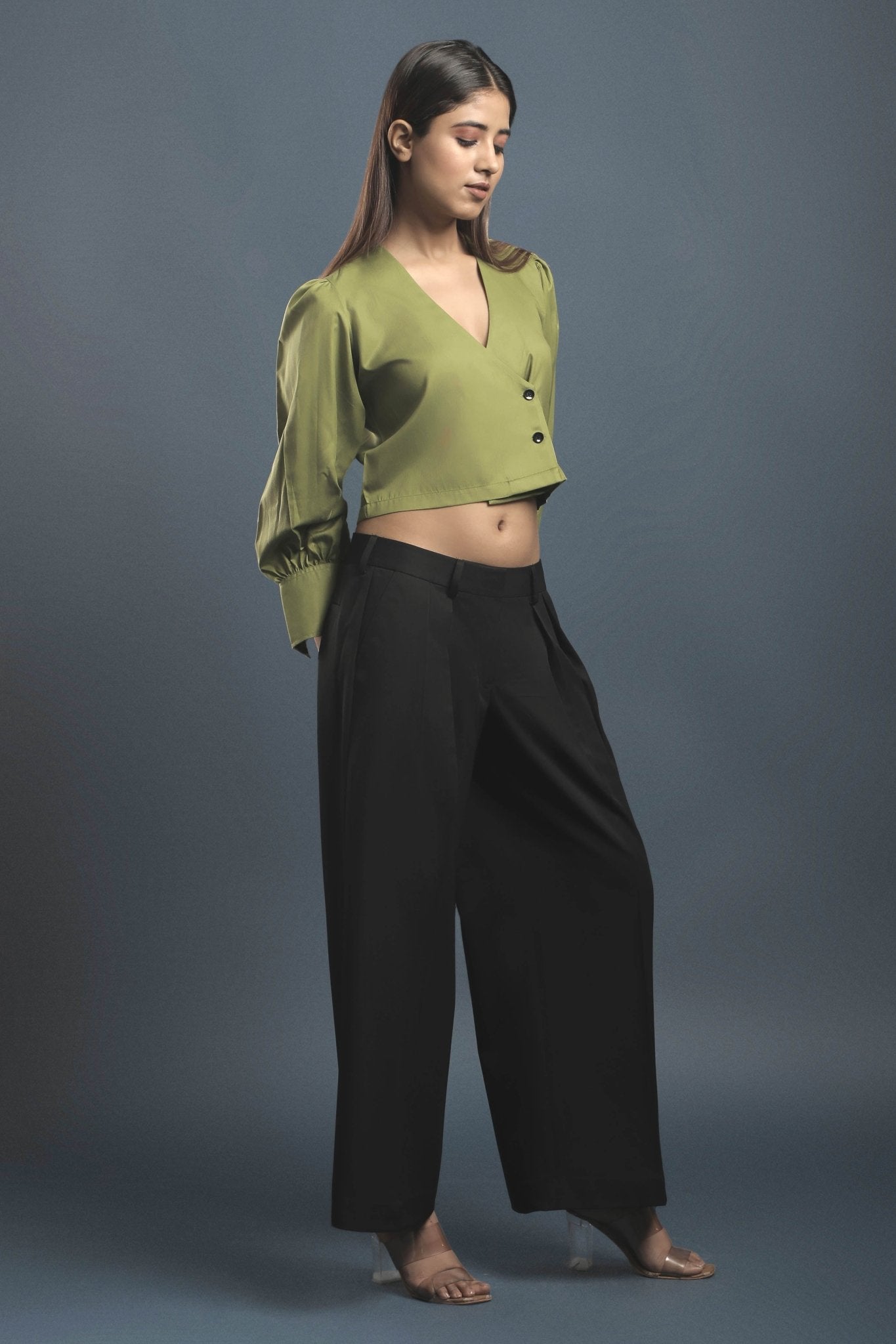 Green Overlapped Shirt & Black Loose Pants Combo - Dheeraj Sharma
