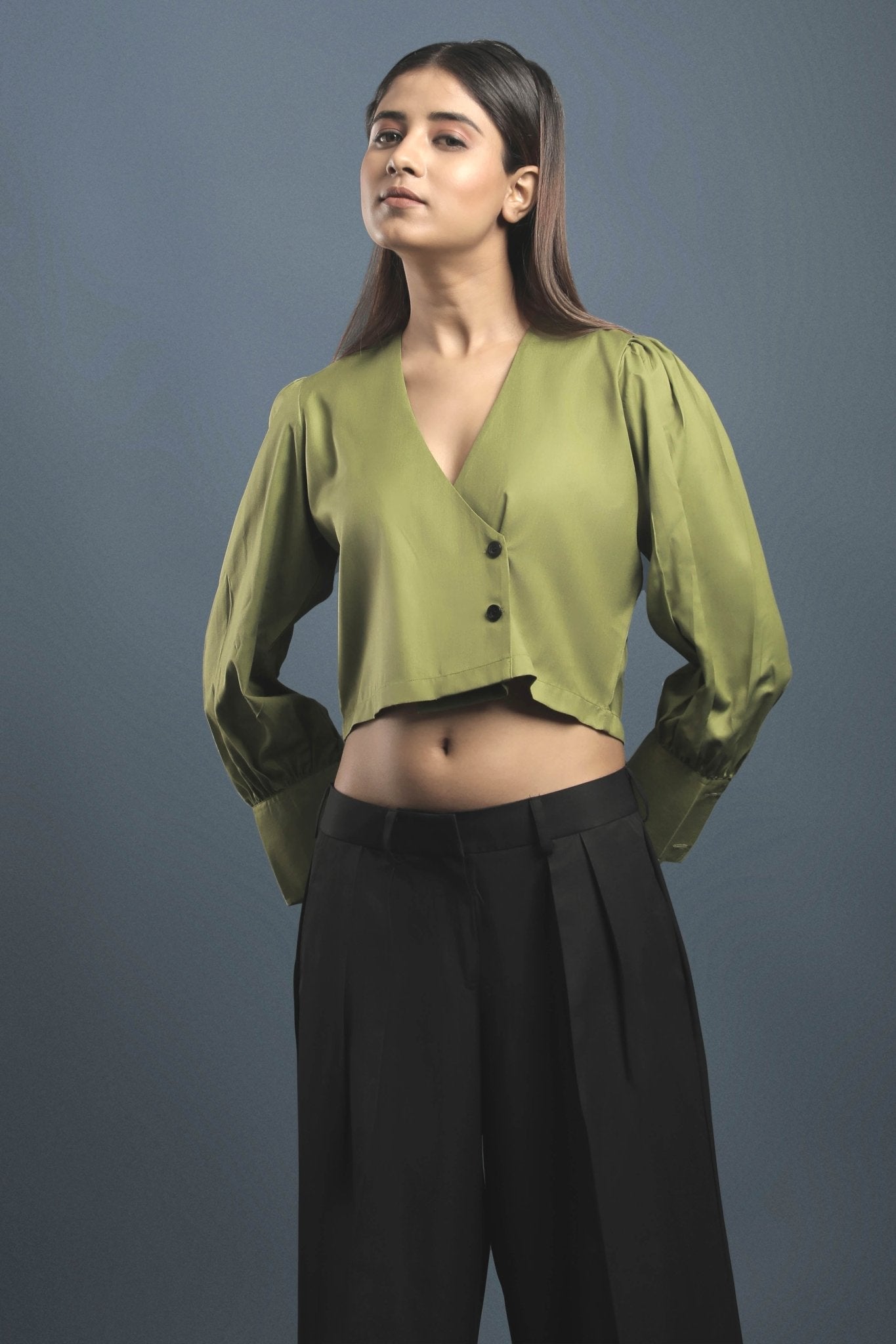 Green Overlapped Shirt & Black Loose Pants Combo - Dheeraj Sharma