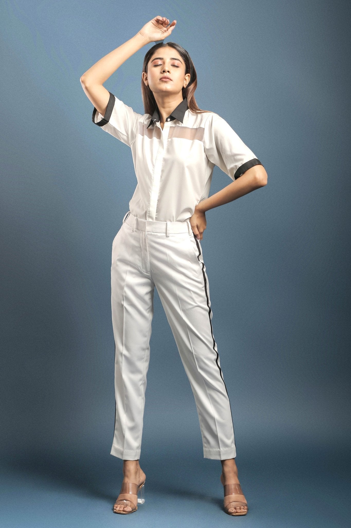 Off White Sheer Yoke Shirt & White Tuxedo Trouser Combo - Dheeraj Sharma