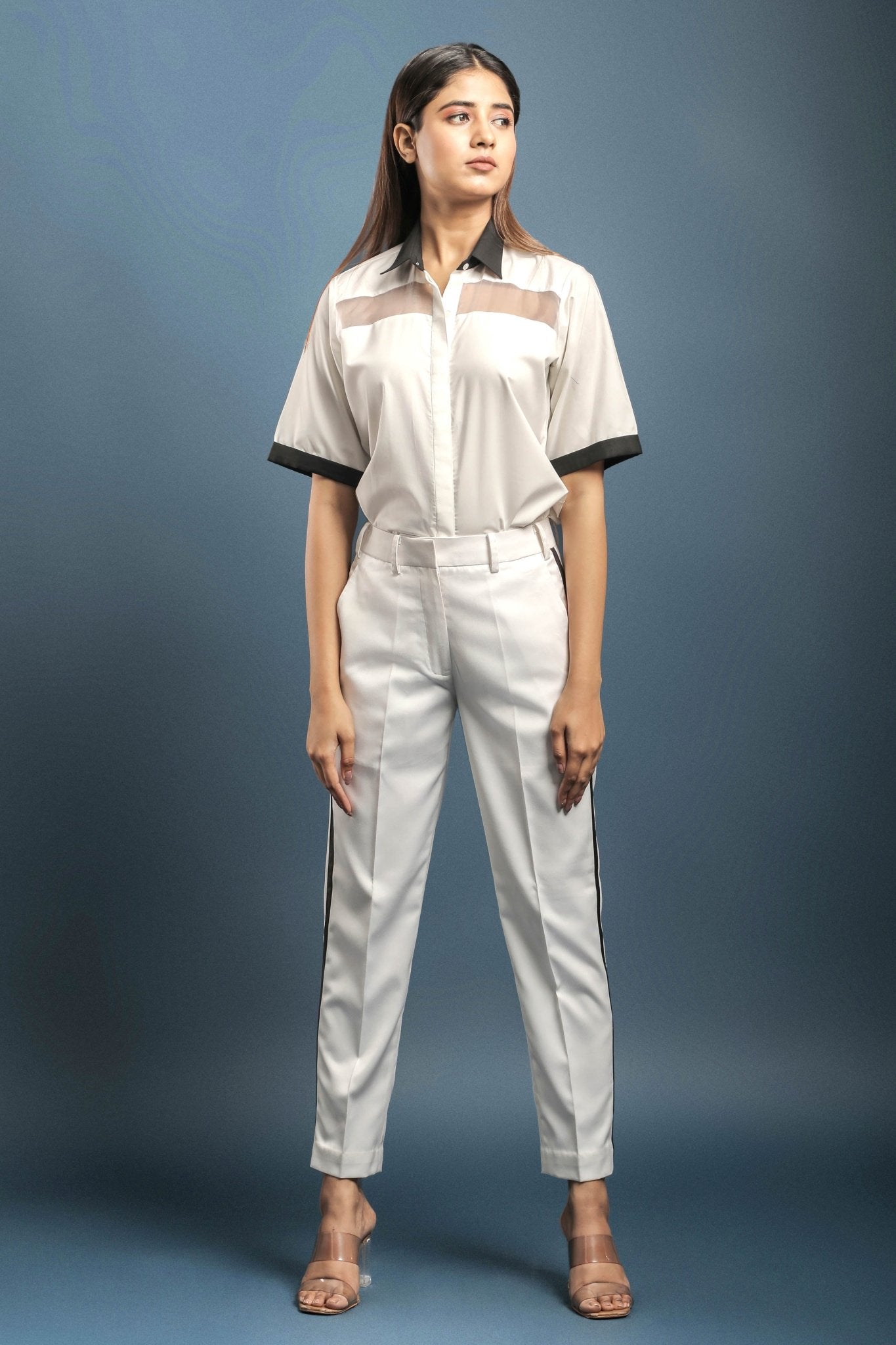 Off White Sheer Yoke Shirt & White Tuxedo Trouser Combo - Dheeraj Sharma