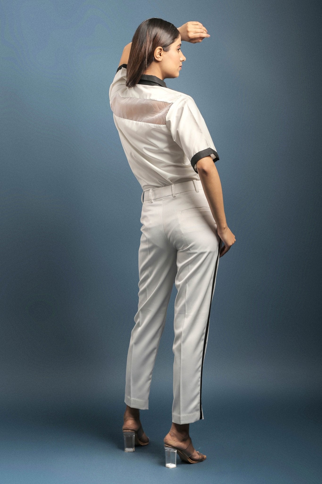 Off White Sheer Yoke Shirt & White Tuxedo Trouser Combo - Dheeraj Sharma