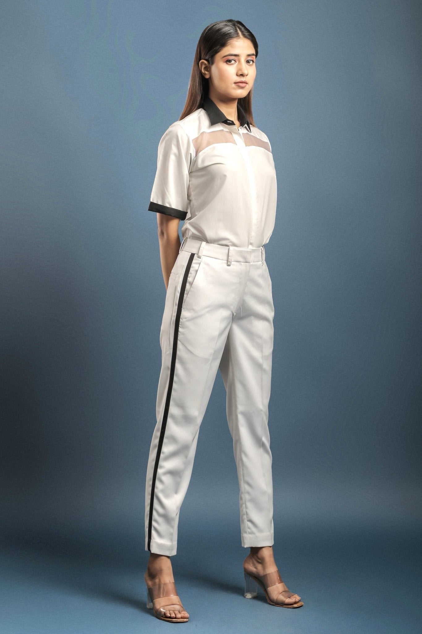 Off White Sheer Yoke Shirt & White Tuxedo Trouser Combo - Dheeraj Sharma