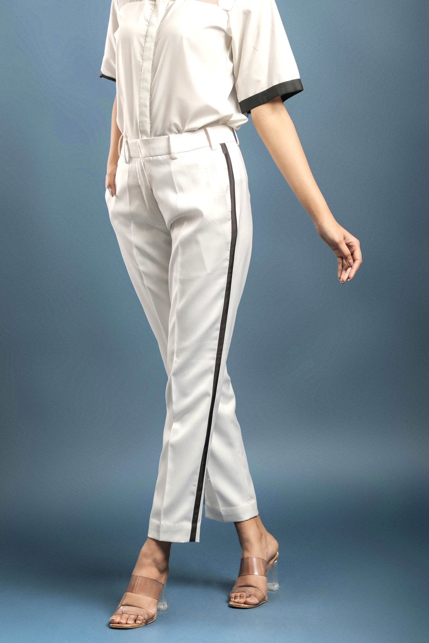 Off White Sheer Yoke Shirt & White Tuxedo Trouser Combo - Dheeraj Sharma