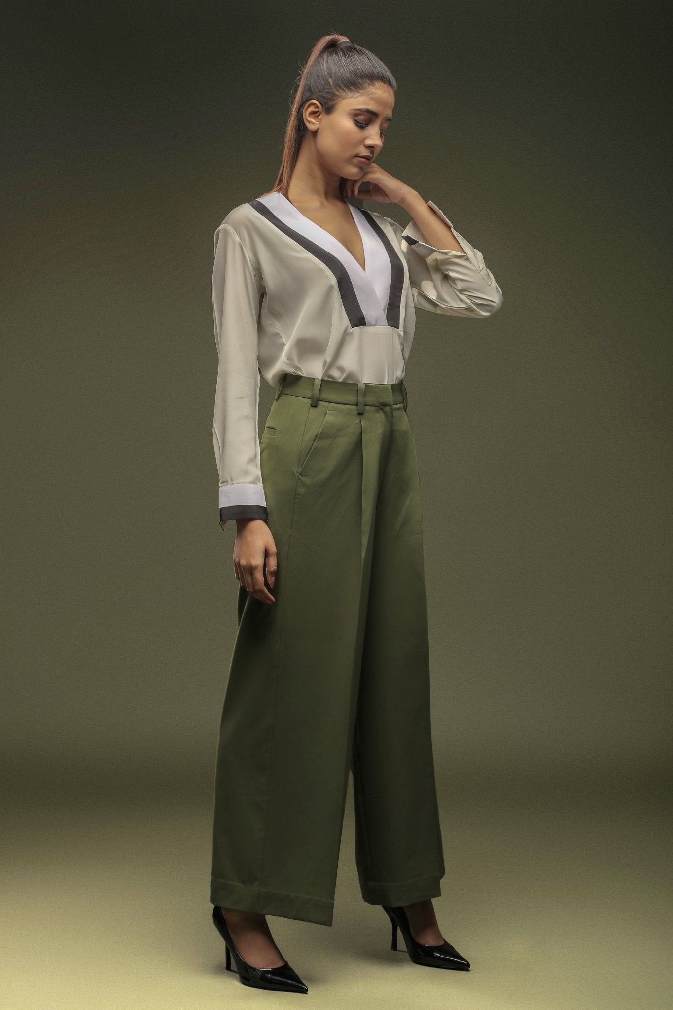 Off White V - Neck Shirt & Green loose Pants Combo - Dheeraj Sharma