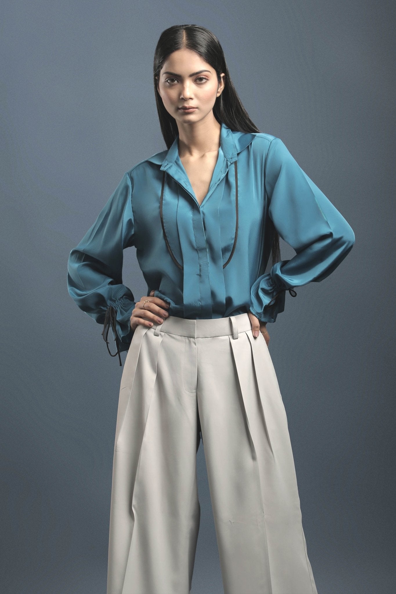 Rama Blue Crepe Shirt & Grey Loose Pants Combo - Dheeraj Sharma