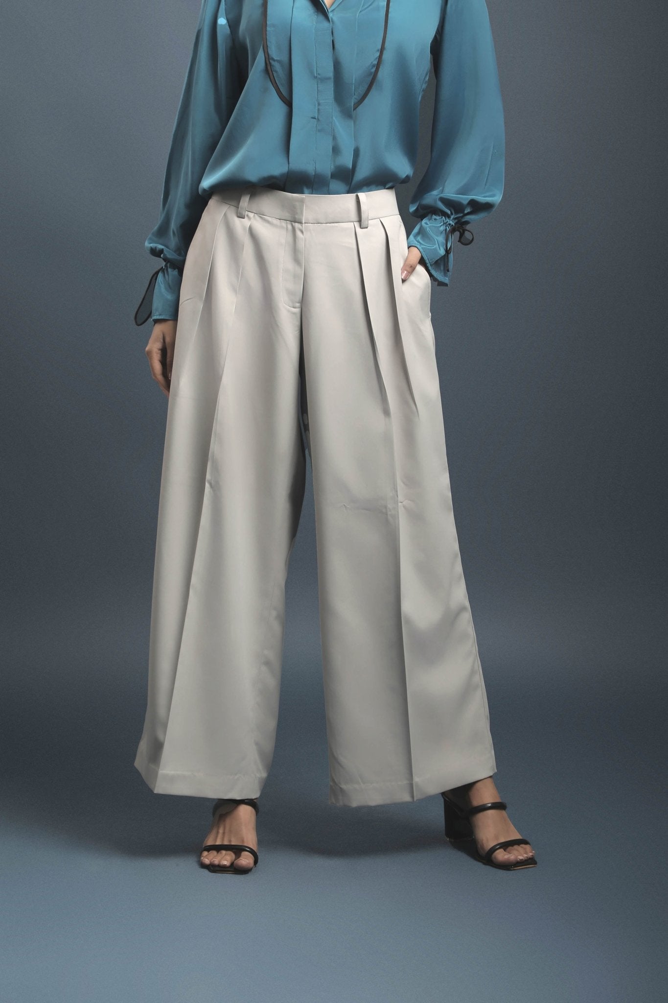 Rama Blue Crepe Shirt & Grey Loose Pants Combo - Dheeraj Sharma