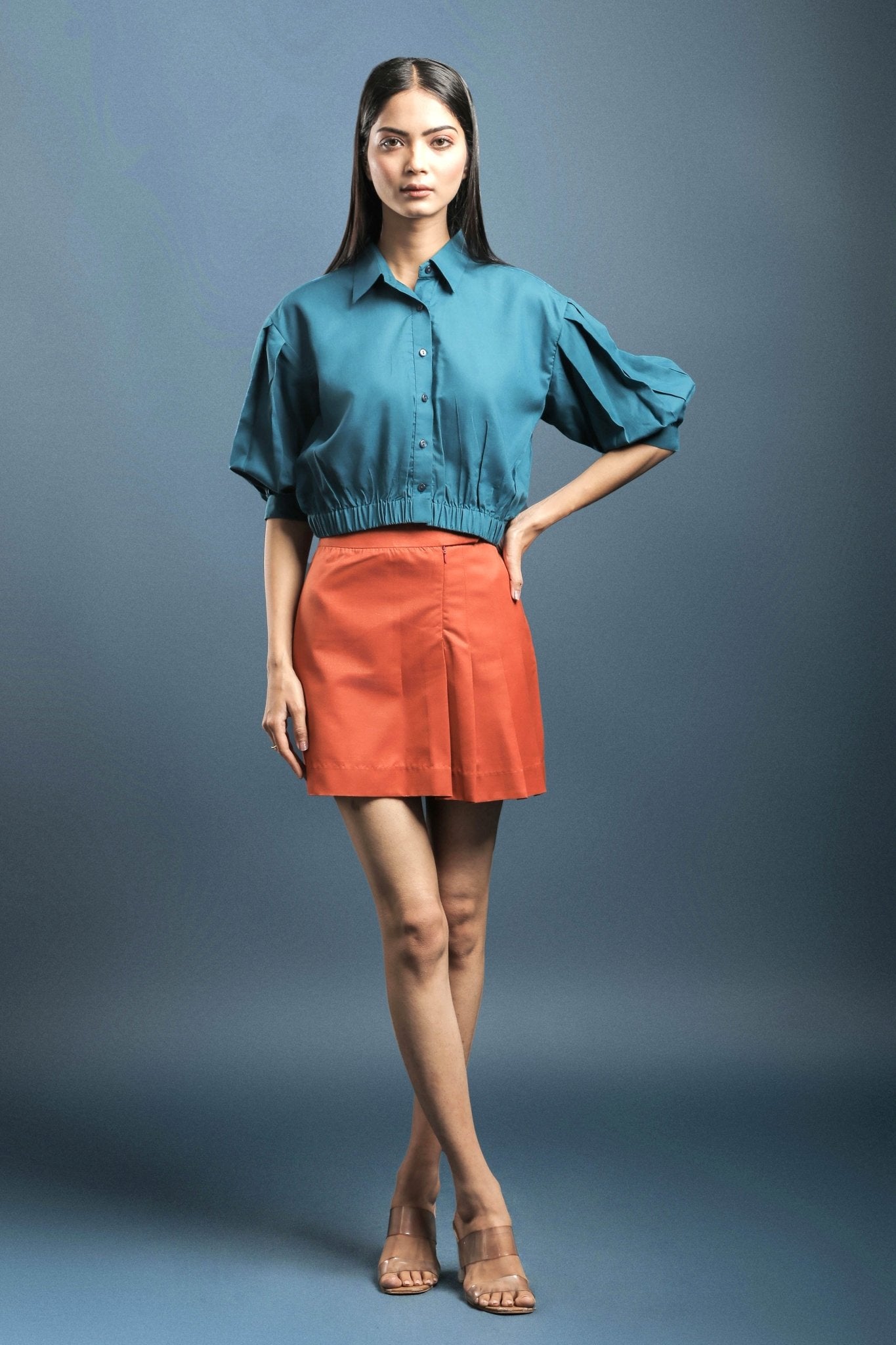 Rama Blue Crop Shirt Rust Orange Pleated Short Skirt Combo Dheeraj Sharma