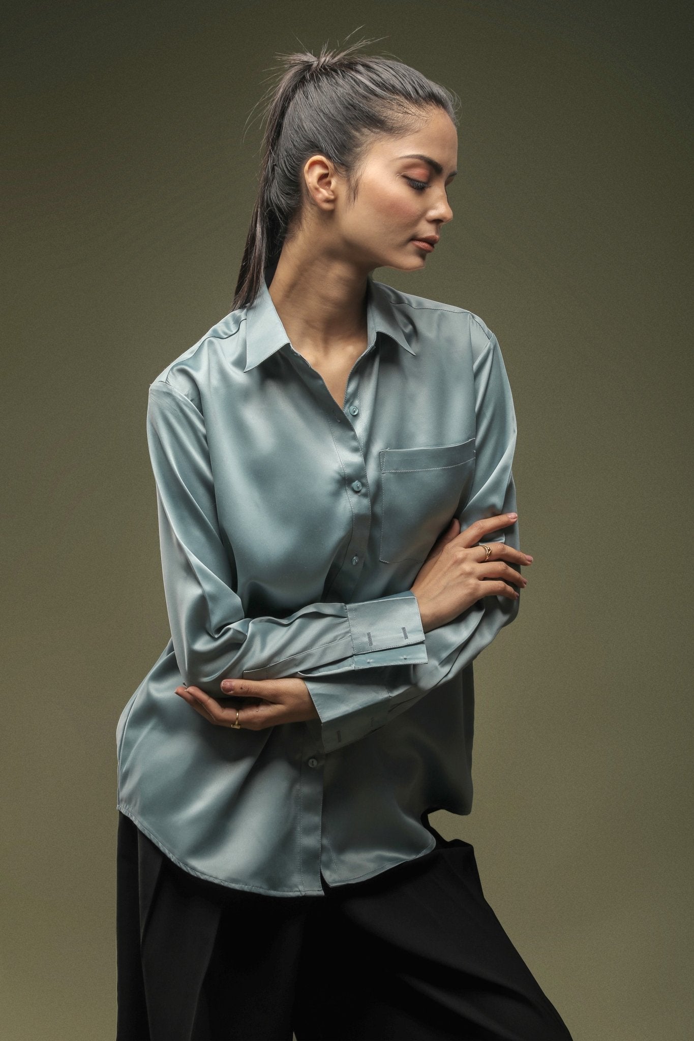 Teal Blue Satin Shirt - Dheeraj Sharma