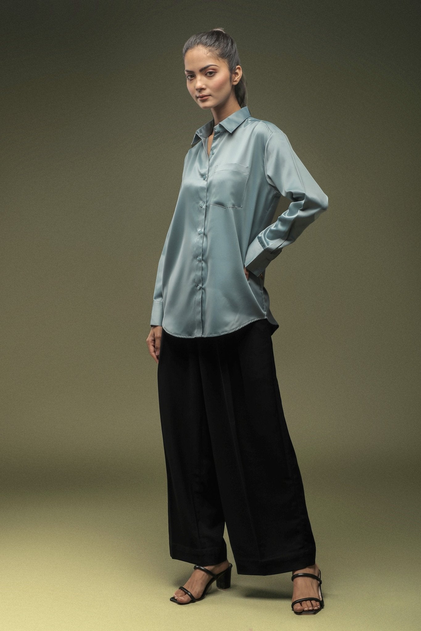 Teal Blue Satin Shirt - Dheeraj Sharma