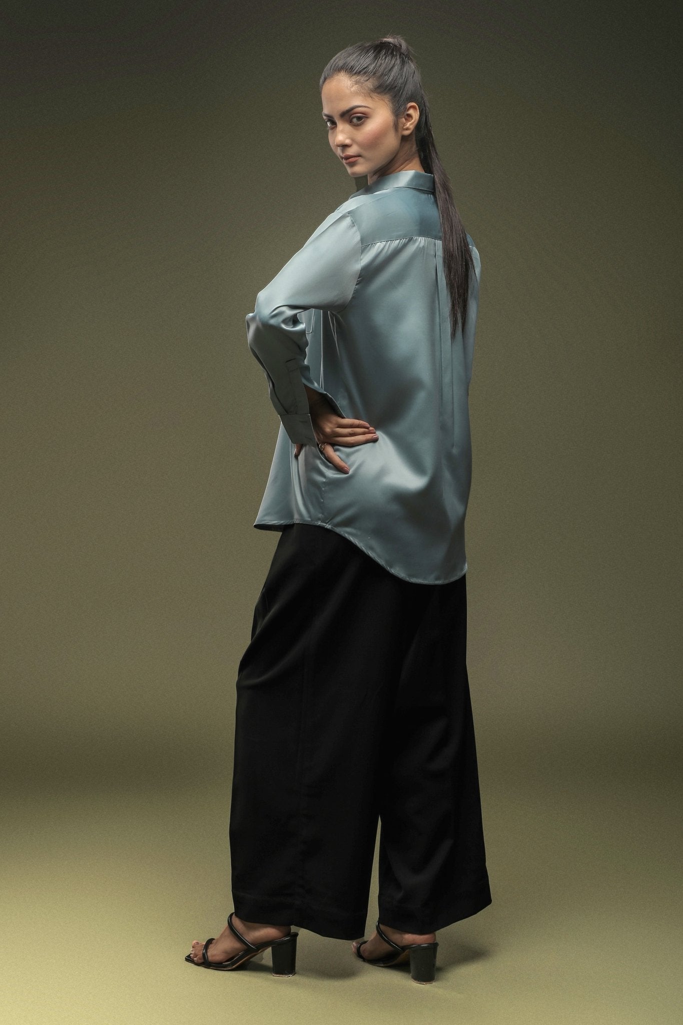 Teal Blue Satin Shirt - Dheeraj Sharma