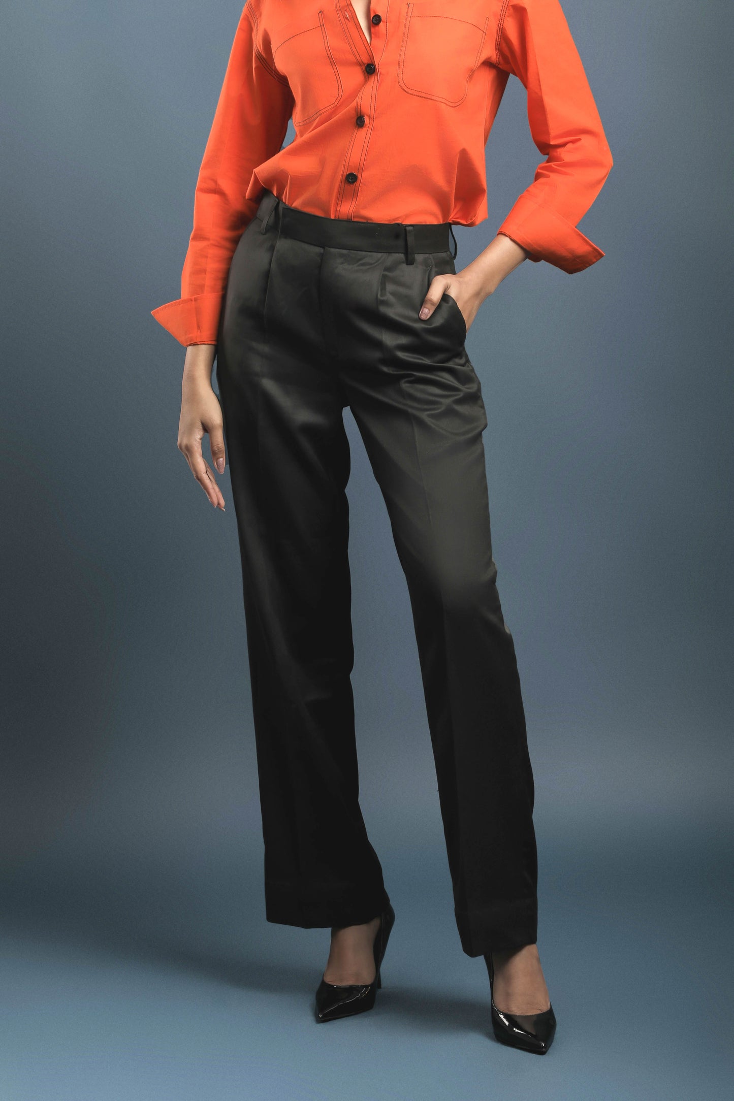 Orange Cotton Shirt & Black Straight Formal Trouser Combo