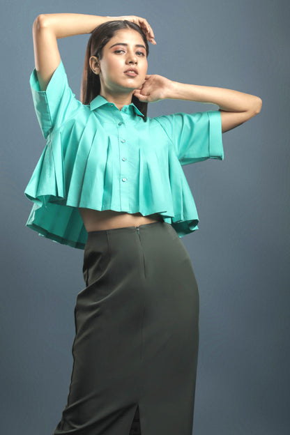Sea Green Pleated Cropped Shirt & Dark Green Pencil Skirt Combo