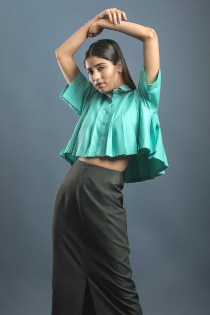 Sea Green Pleated Cropped Shirt