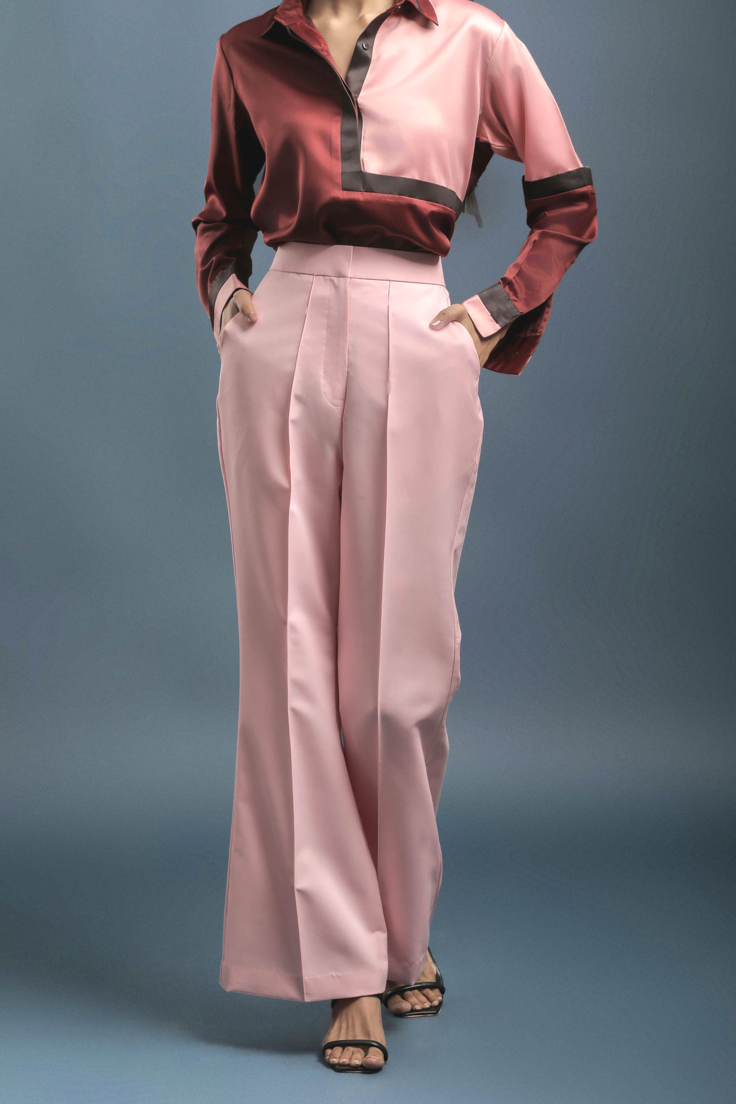 Maroon Yoked Satin Shirt & Pink Bellbottom Trouser Combo