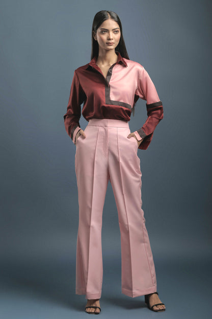 Maroon Yoked Satin Shirt & Pink Bellbottom Trouser Combo