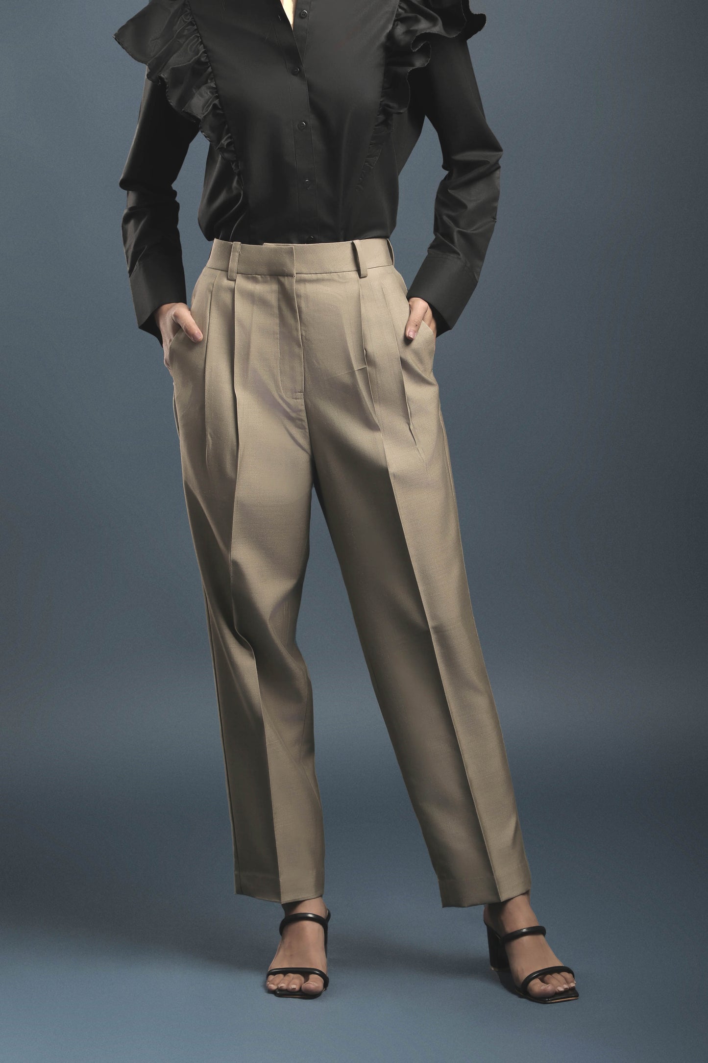 Black Frill Shirt & Beige Double Pleated Trouser Combo