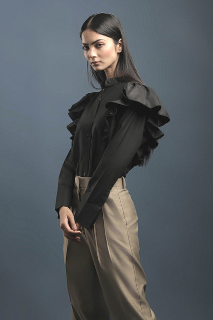 Black Frill Shirt & Beige Double Pleated Trouser Combo