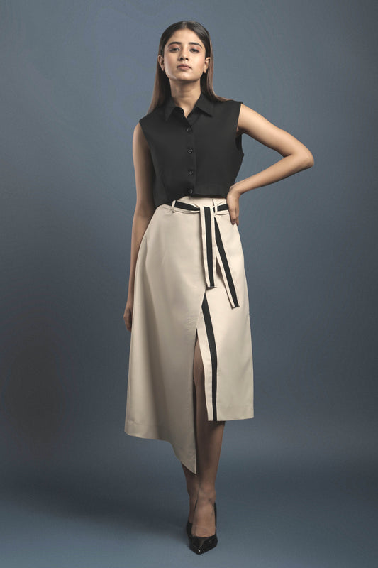 Black Crop Shirt &  Beige Overlapped Skirt Combo