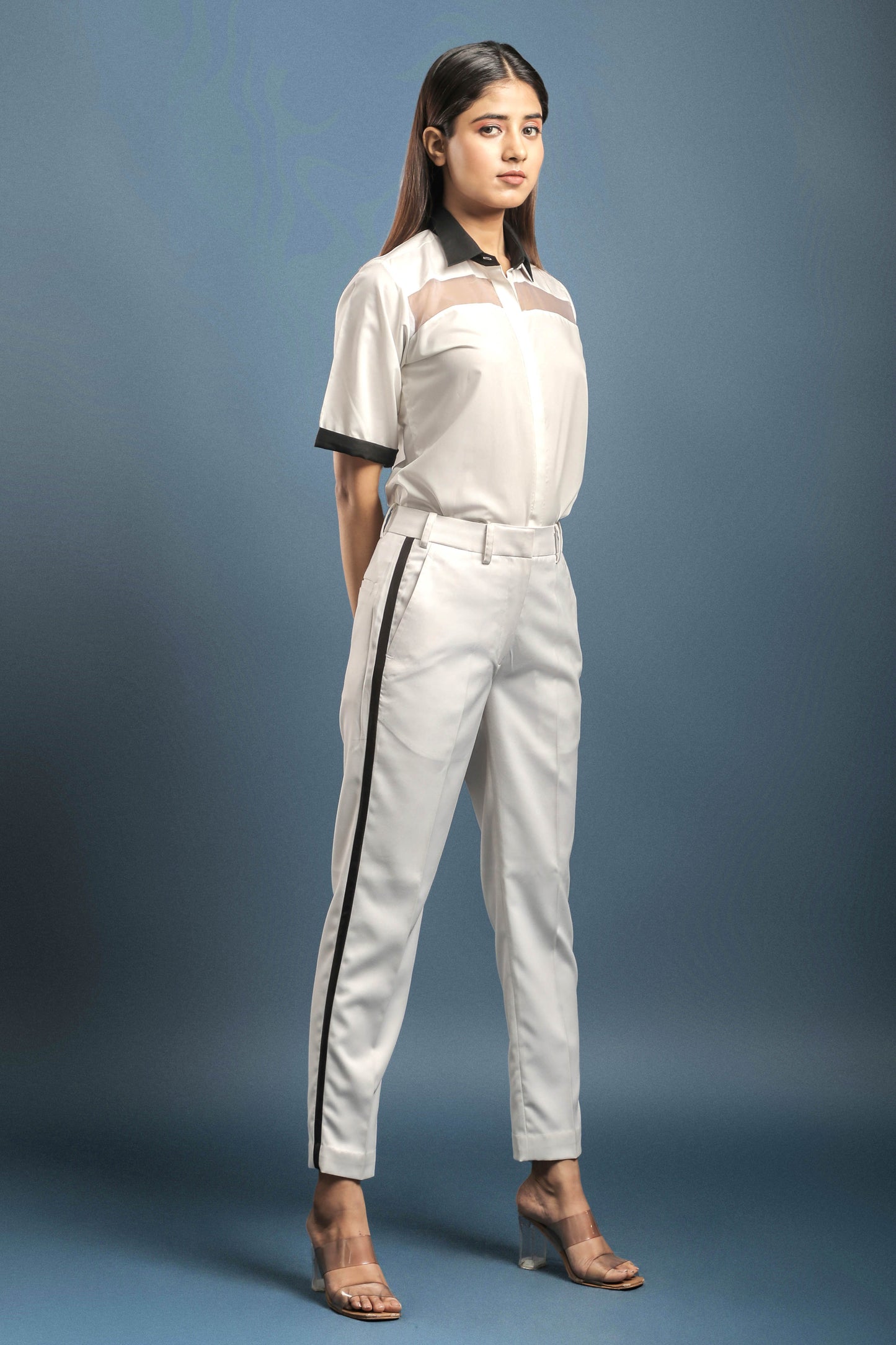 Off White Sheer Yoke Shirt & White Tuxedo Trouser Combo