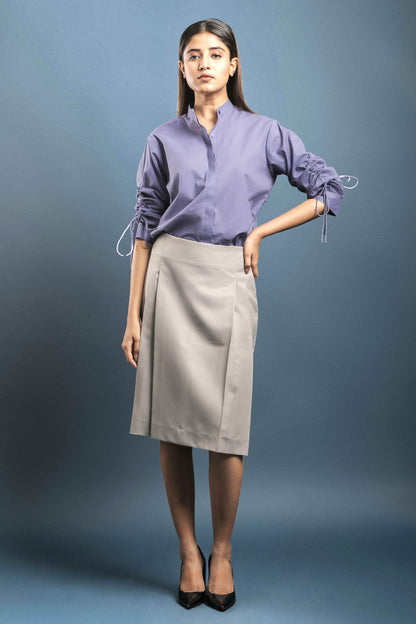 Lavender Cotton Shirt & Grey Front Pleated Skirt Combo