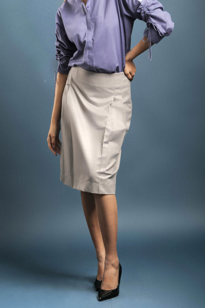Lavender Cotton Shirt & Grey Front Pleated Skirt Combo