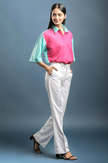 Pink Dual Colour Shirt & White Boot Cut Trouser Combo