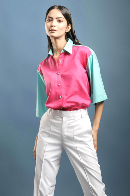 Pink Dual Colour Shirt & White Boot Cut Trouser Combo