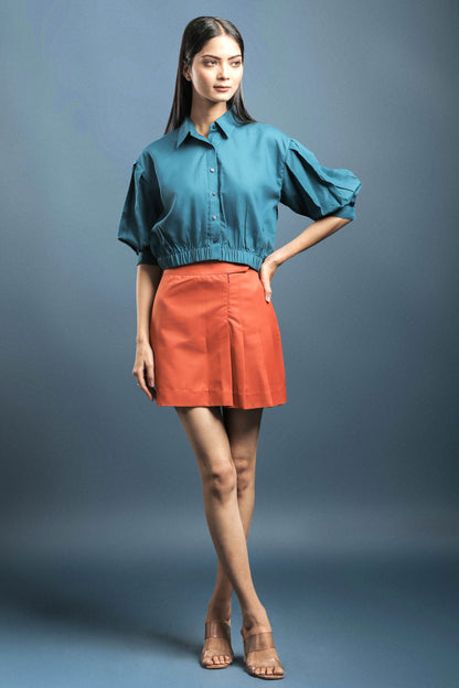 Rama Blue Crop Shirt & Beige Rust Orange Short Skirt