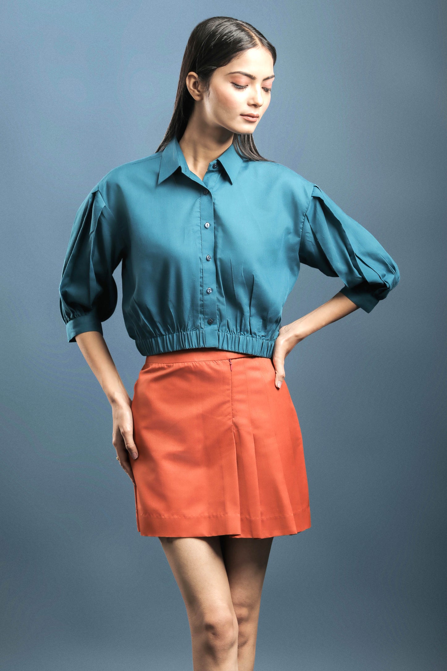 Rama Blue Crop Shirt & Beige Rust Orange Short Skirt