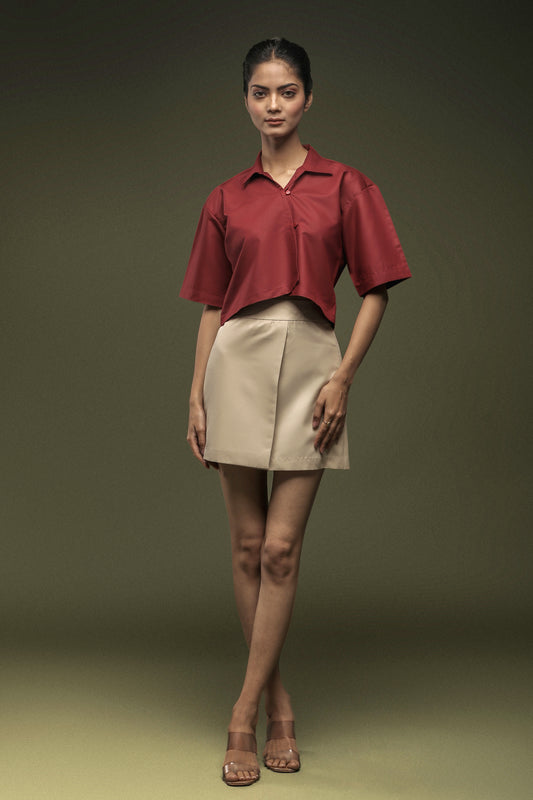 Maroon Cropped Shirt & Beige Short Skirt Combo