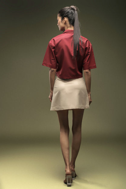Maroon Cropped Shirt & Beige Short Skirt Combo