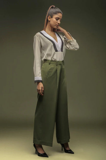 Off White V-Neck Shirt & Green loose Pants Combo