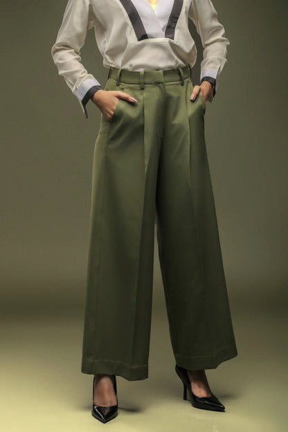 Off White V-Neck Shirt & Green loose Pants Combo