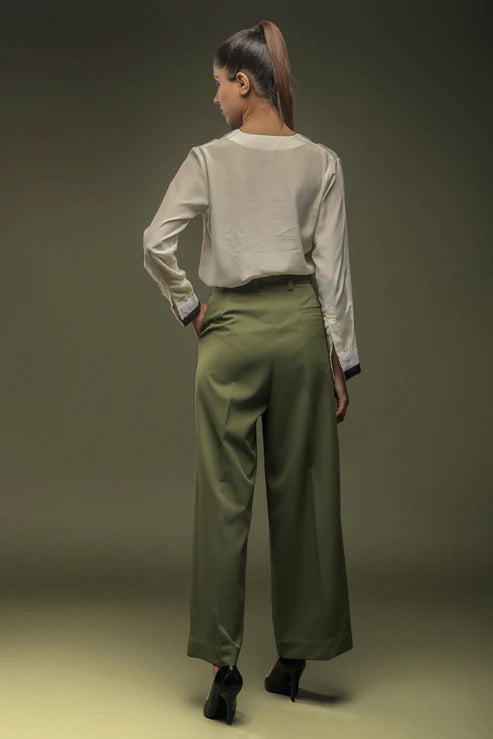 Off White V-Neck Shirt & Green loose Pants Combo