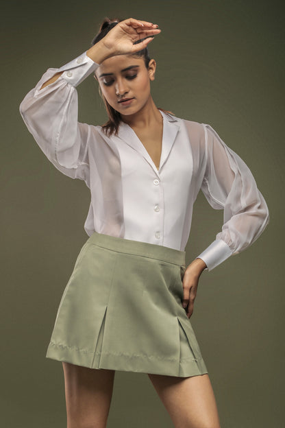 White Georgette Panel Shirt & Mint Green Short Skirt Combo