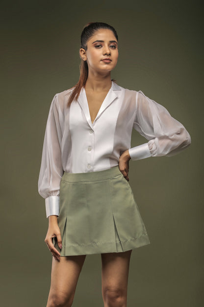 White Georgette Panel Shirt & Mint Green Short Skirt Combo