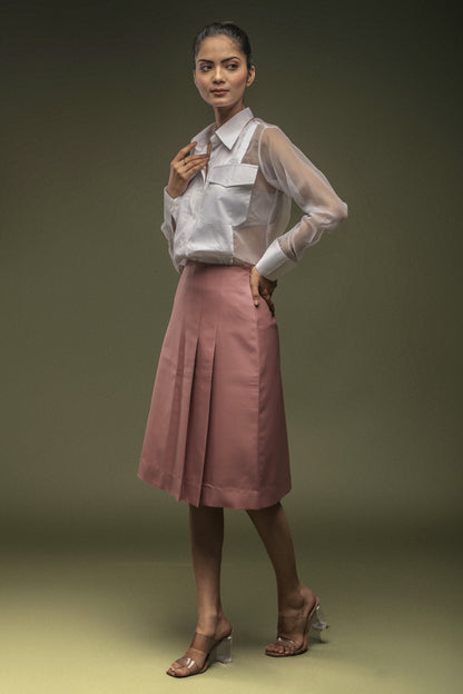 White Organza Shirt & Pink Side Pleated Skirt Combo