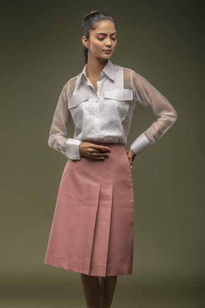 White Organza Shirt & Pink Side Pleated Skirt Combo