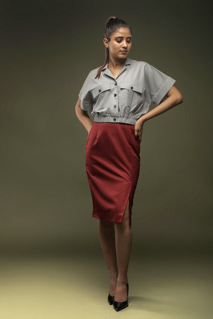 Grey Crop Top & Maroon Knee Length Skirt Combo