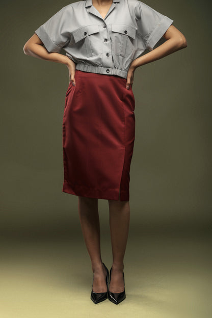 Grey Crop Top & Maroon Knee Length Skirt Combo