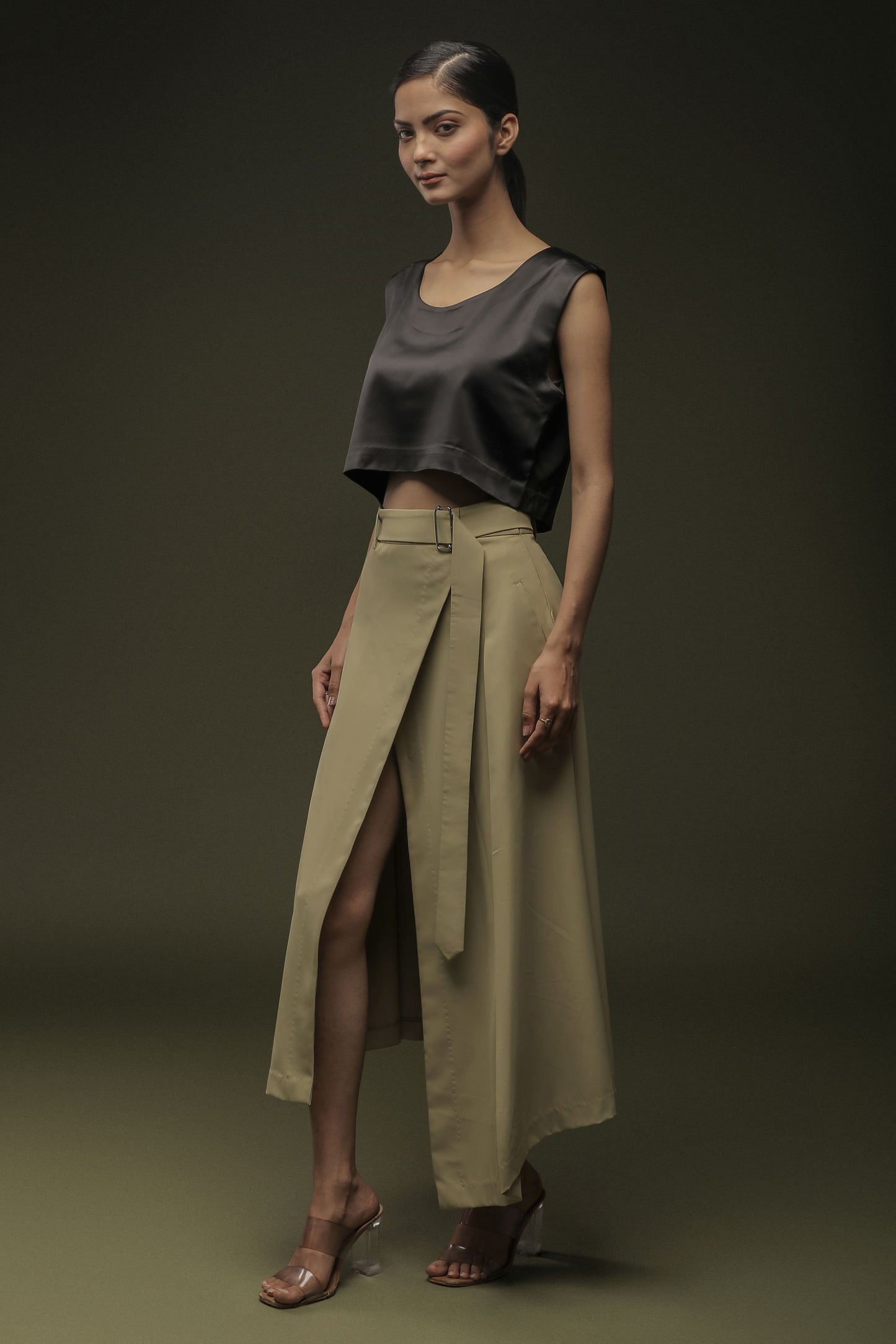 Black Satin Crop Top & Sage Khaki Overlapped Skirt Combo