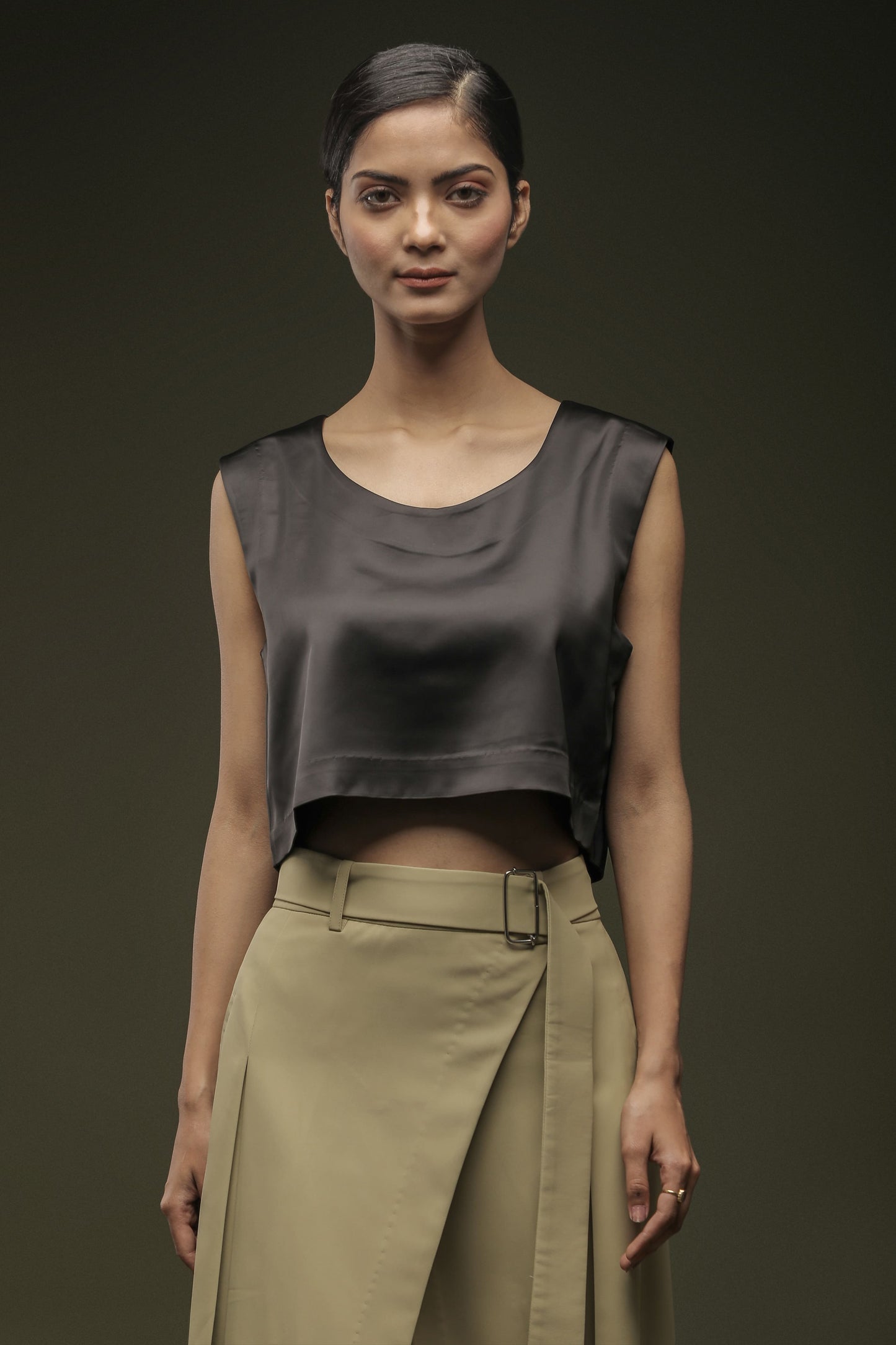 Black Satin Crop Top & Sage Khaki Overlapped Skirt Combo