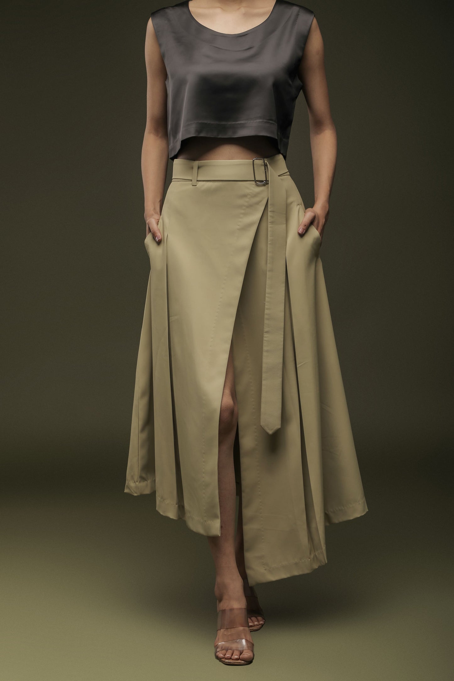 Black Satin Crop Top & Sage Khaki Overlapped Skirt Combo